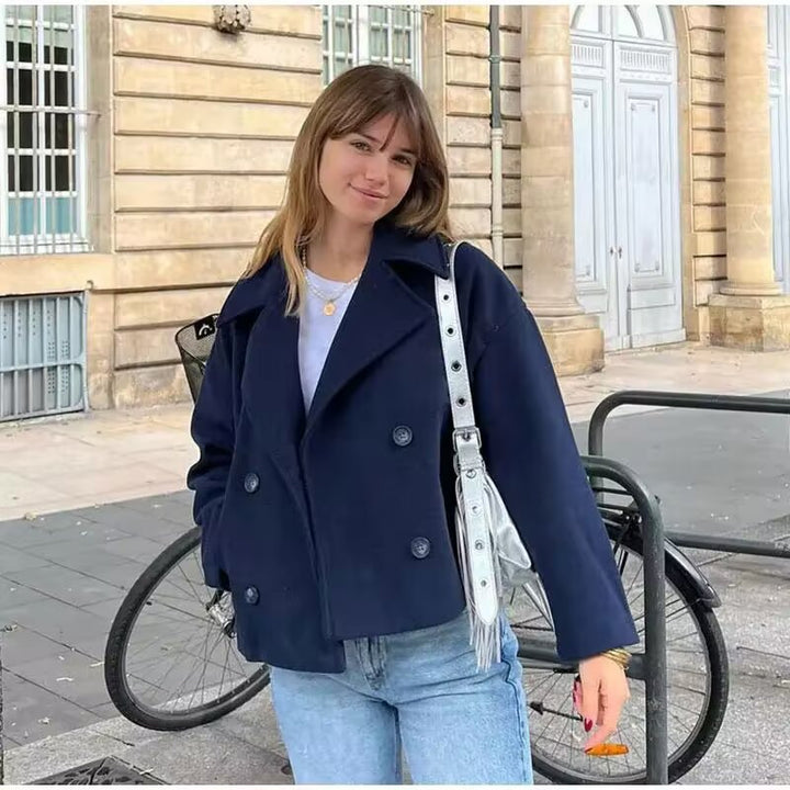 Damen Kurzer Zweireihiger Boxy-Peacoat aus Wollmix mit weitem Revers Drune