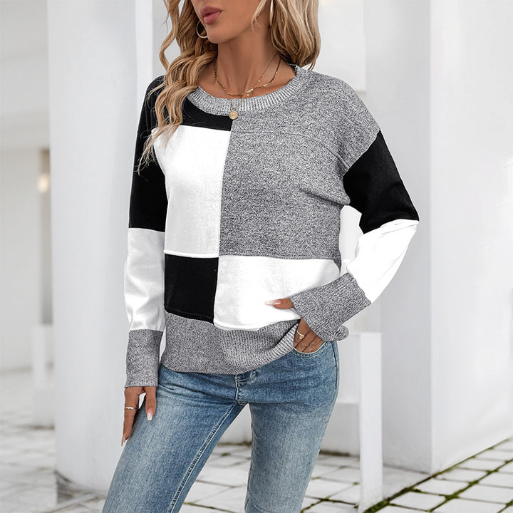Damen Blockmuster-Strickpullover mit Rundhalsausschnitt und legerer Passform Drune