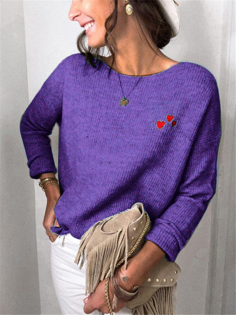 Damen Leichter Feinstrickpullover mit U-Boot-Ausschnitt, lockerem Sitz und Herzstickerei Drune