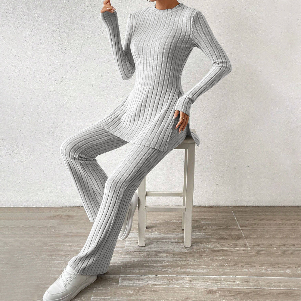 Damen geripptes Feinstrick-Lounge-Set mit seitlicher Saumschlitzen, figurbetontem Longsleeve und weitem Highwaist-Hose Drune
