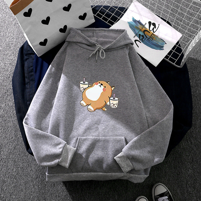 Damen nan niedlicher Kapuzenpullover mit Kängurutasche, oversized Schnitt und Bubble‑Tea Corgi-Print Drune