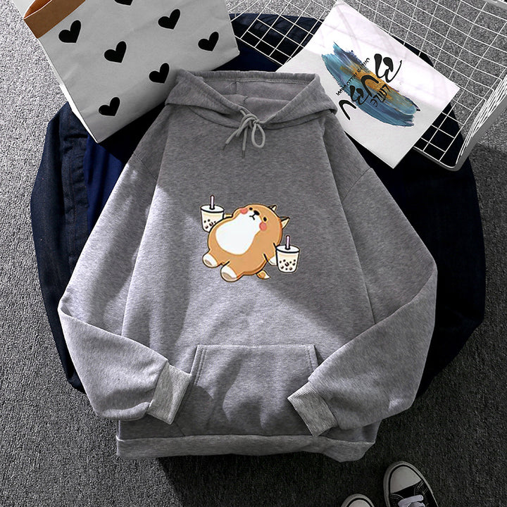 Damen nan niedlicher Kapuzenpullover mit Kängurutasche, oversized Schnitt und Bubble‑Tea Corgi-Print Drune