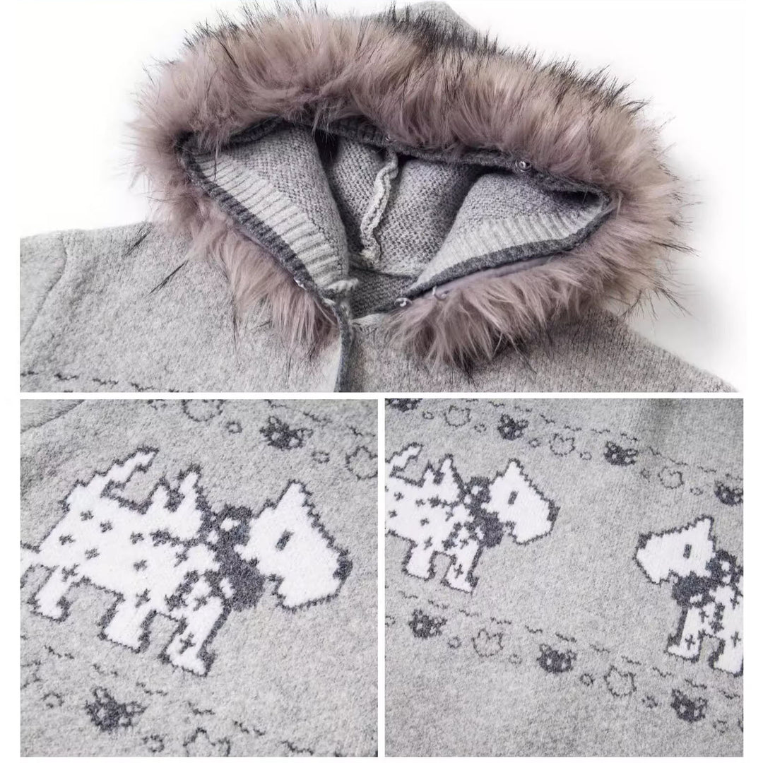 Damen Gemütliche Strickjacke mit Tiermuster und Pelzkragen Drune