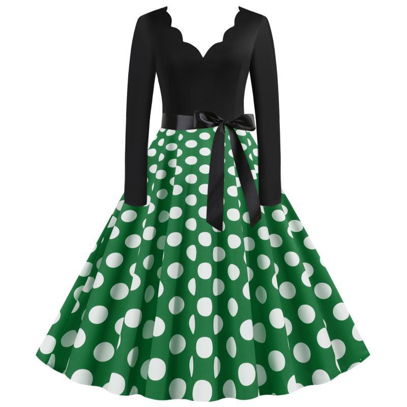 Damen Retro Swingkleid im Vintage-Stil mit welligem V-Ausschnitt, langärmliger Oberteil, Polka-Dot Tellerrock und Satin-Taillengürtel Drune
