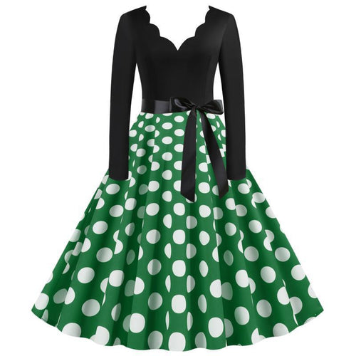 Damen Retro Swingkleid im Vintage-Stil mit welligem V-Ausschnitt, langärmliger Oberteil, Polka-Dot Tellerrock und Satin-Taillengürtel Drune