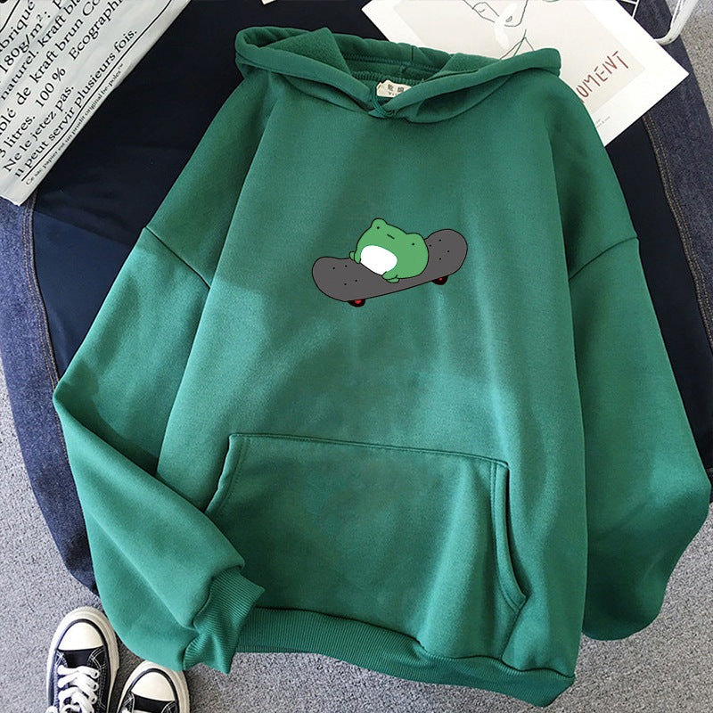 Unisex nan Kapuzenpullover mit Skater-Frosch-Print, weichem Fleece-Innenfutter und Kängurutasche Drune