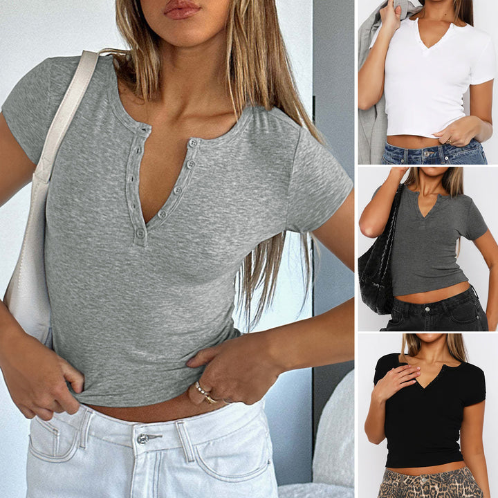 Damen figurbetontes Cropped T-Shirt mit kurzem Arm und Knopfleiste Drune