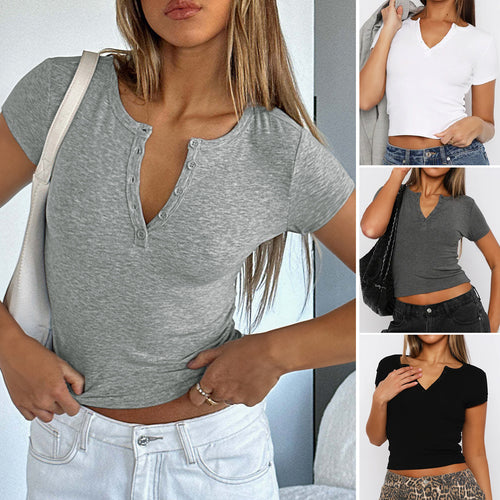 Damen figurbetontes Cropped T-Shirt mit kurzem Arm und Knopfleiste Drune