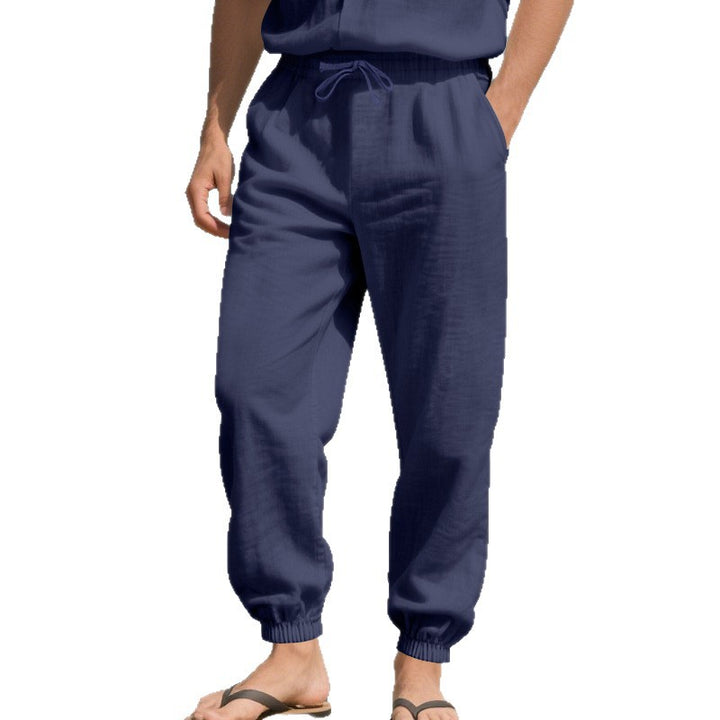 Herren Leinenoptik-Loungehose mit elastischem Bund, Kordelzug & gerippten Knöchelabschlüssen Drune