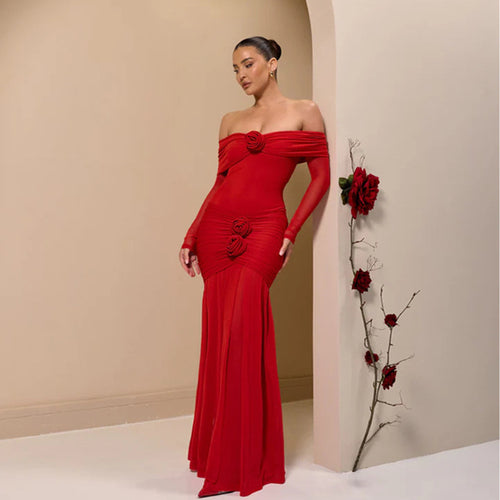 Damen Maxikleid mit schulterfreier Silhouette und dekorativen Rosen Drune