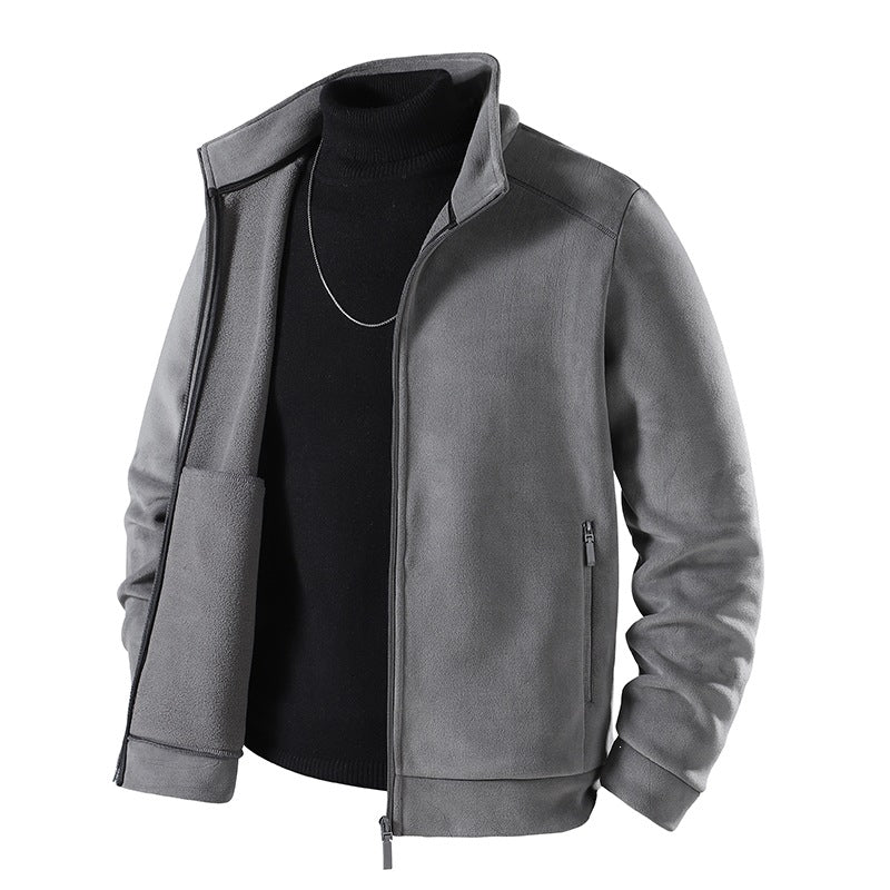 Herren Schlichte Velours-Optik Übergangsjacke mit hochschließendem Stehkragen, verdecktem Zwei-Wege-Reißverschluss & Zip-Taschen Drune