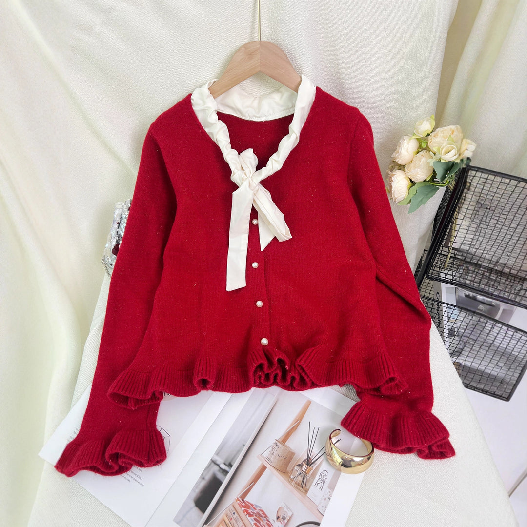 Damen elegante Strickjacke mit Rüschen und Schleifenkragen Drune