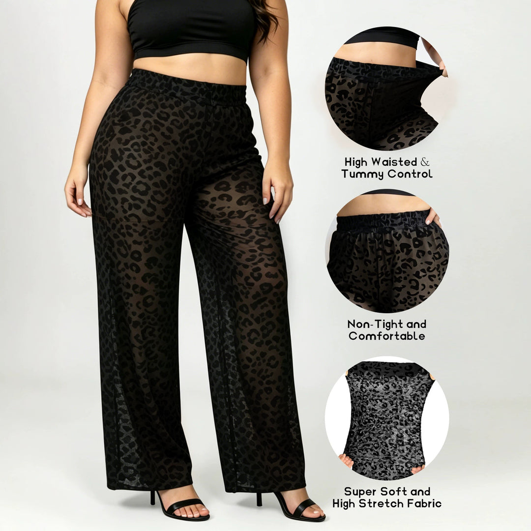 Damen Hochtaillierte weit geschnittene Chiffon-Hose mit Leopardmuster und Bauchkontrolle Drune
