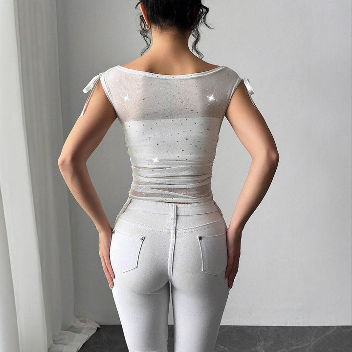 Damen nan transparentes Netz-Oberteil mit funkelnden Glitzersteinen, Schulterknoten und Taillenraffung Drune