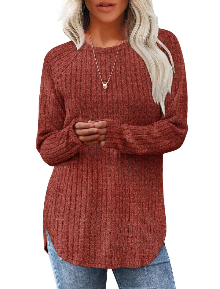 Damen gerippter Strickpullover mit Rundhalsausschnitt Oversize-Passform und Seitenschlitzen Drune