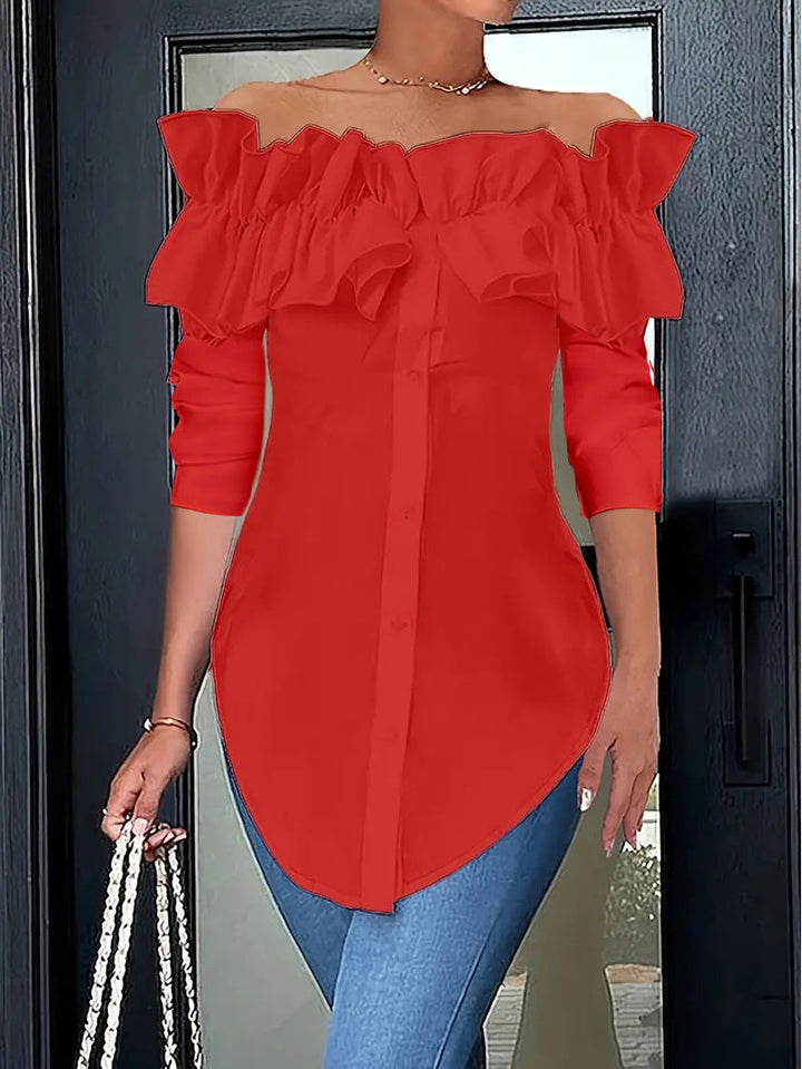 Damen Off-Shoulder Bluse mit Rüschen und Knopfleiste Drune