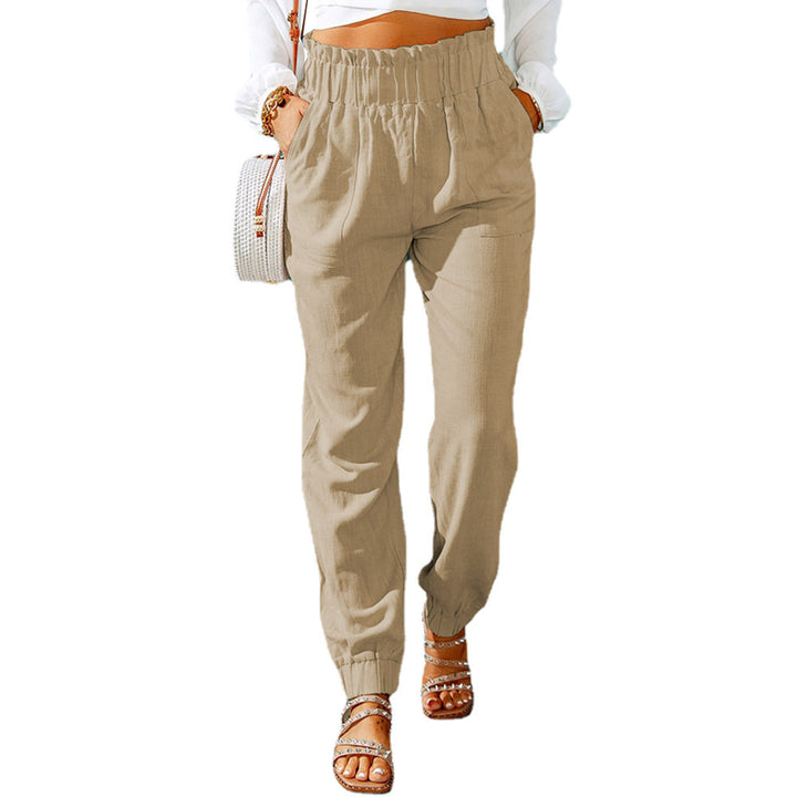 Damen Hochtaillierte Leinenoptik-Joggerhose mit elastischem Rüschbund und Eingrifftaschen Drune