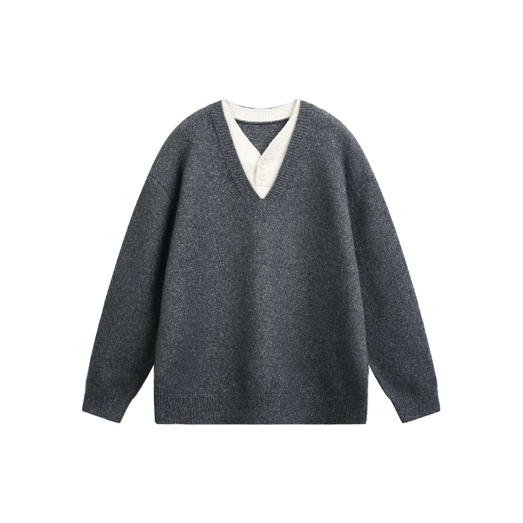 Damen Oversize V Neck Strickpullover mit Henley-Optik und gerippten Bündchen Drune