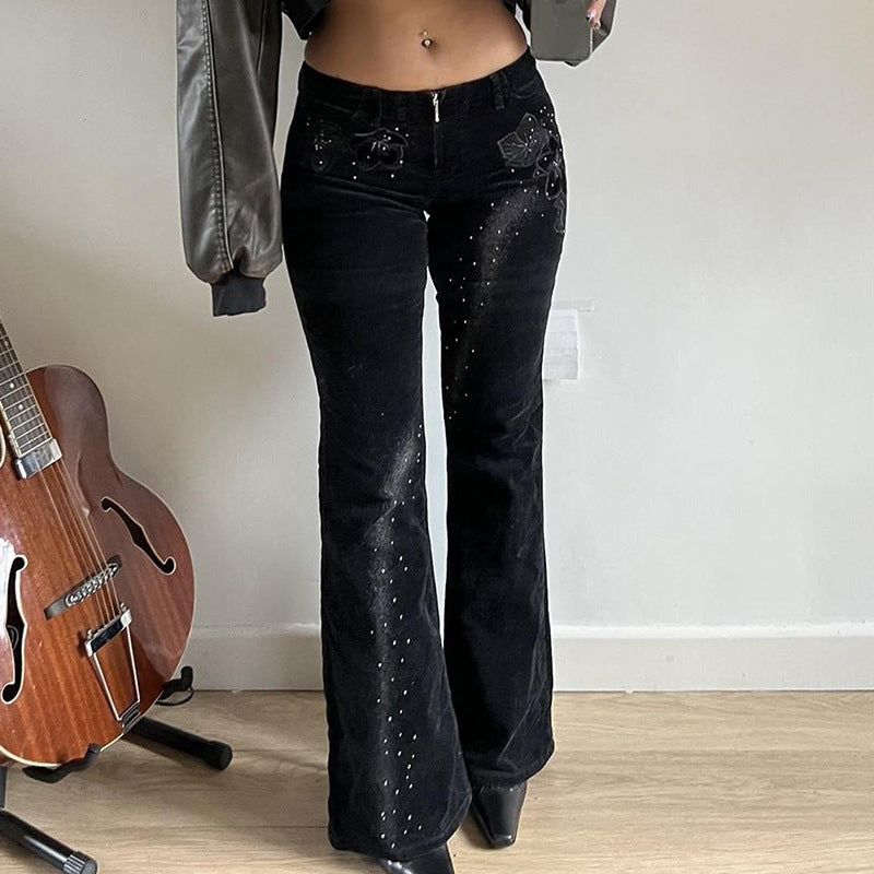 Damen nan ausgestellte Cordhose mit Glitzerstreifen und Blumenstickerei, hoher Bund Drune