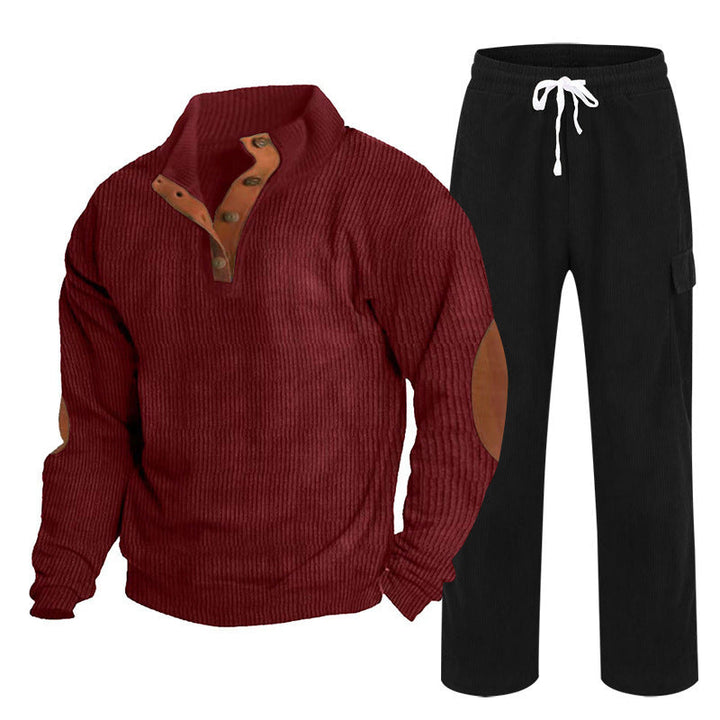Herren nan strukturiertes Feinstrick-Halbknopf-Pullover und Feincord-Cargo-Zweiteiler Drune