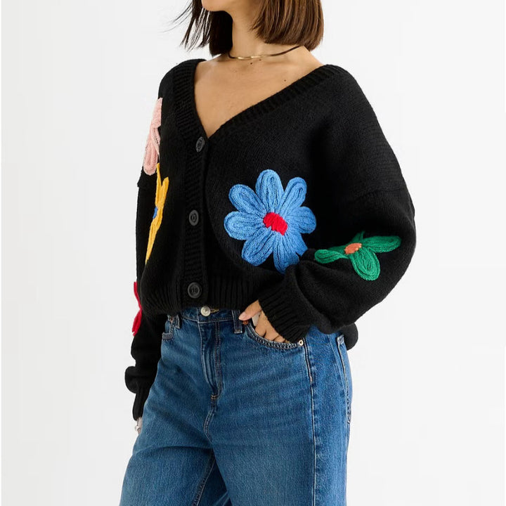 Damen Cardigan mit dreidimensionalen Blumenapplikationen und V-Ausschnitt Drune