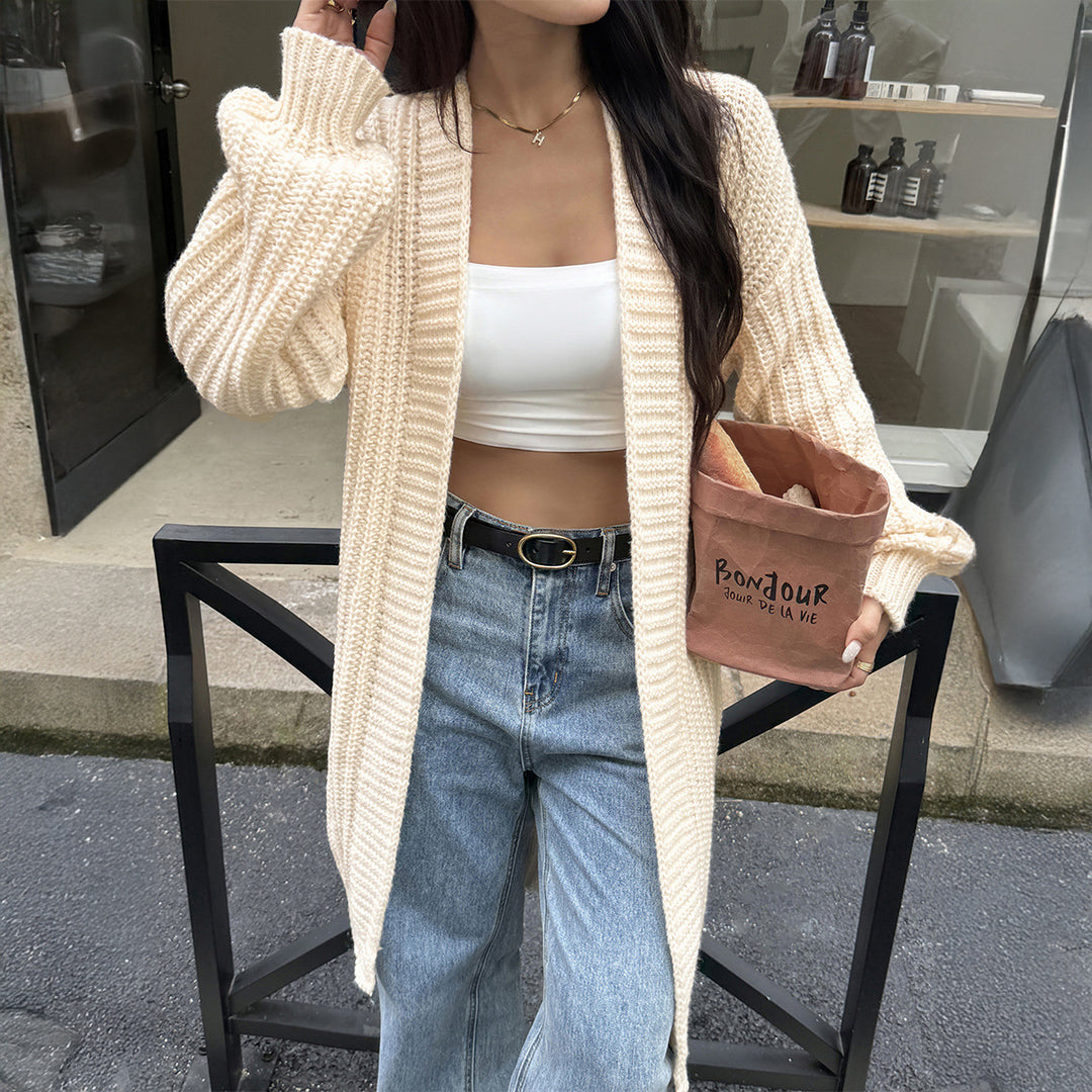 Damen nan lange Grobstrick-Cardigan mit offener Front und Ballonärmeln Drune