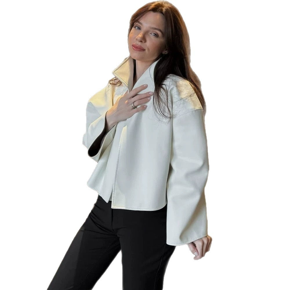 Damen Kurze Boxy Kunstlederjacke mit markantem Stehkragen Drune