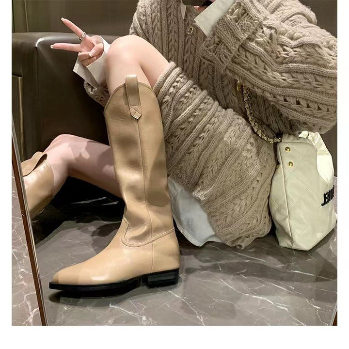 Damen Kniehohe Western‑Stiefel aus Glattleder mit spitzer Kappe und niedrigem Blockabsatz Drune