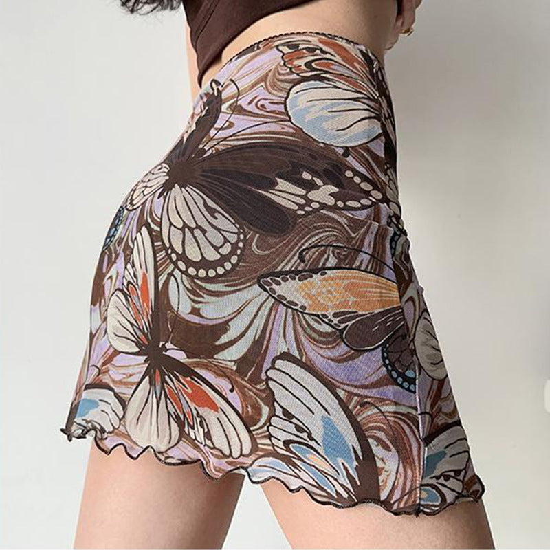 Damen Minirock mit floralem Schmetterlingsmuster und elastischem Bund Drune