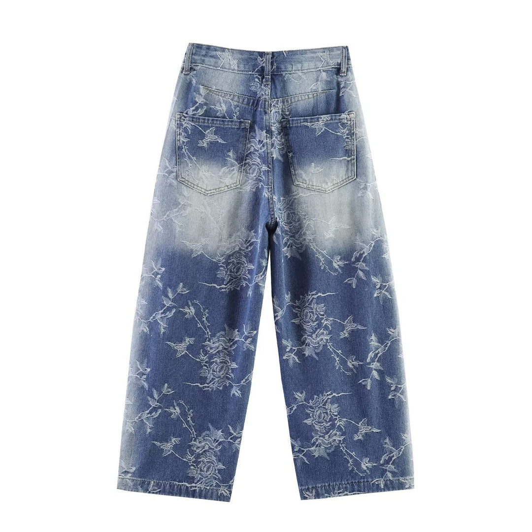 Damen Highwaist Culotte-Jeans mit weitem Bein und floraler Bleach-Optik Drune