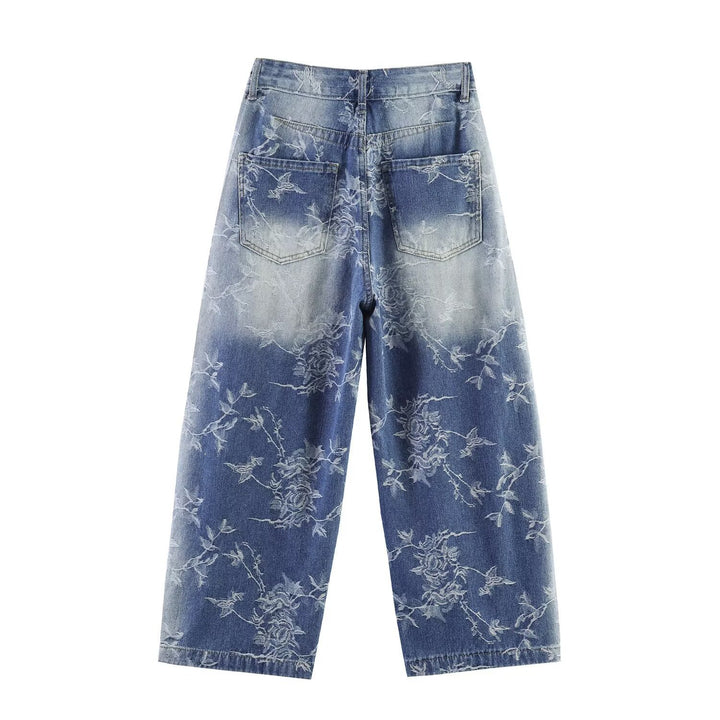 Damen Highwaist Culotte-Jeans mit weitem Bein und floraler Bleach-Optik Drune