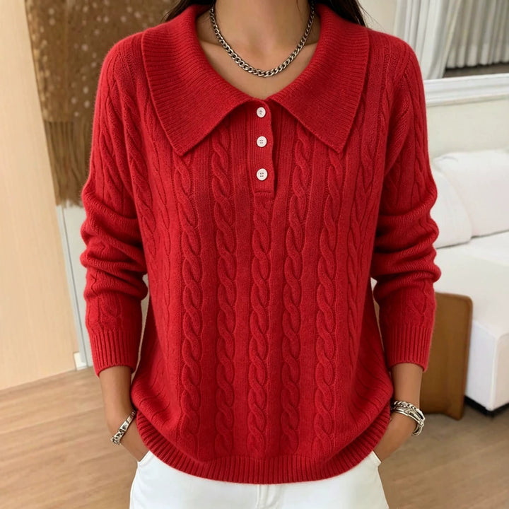Damen Kabelstrick-Polo-Pullover mit großem Umlegekragen und lockerer Silhouette Drune