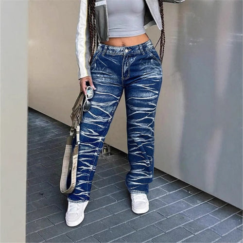 Damen High-Waist Straight-Jeans mit bleached Wave-Muster und Relaxed-Passform Drune