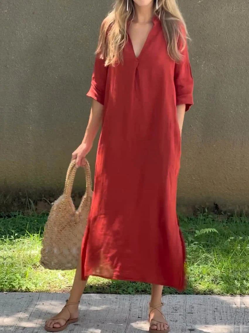 Damen lässiges Maxikleid mit V-Ausschnitt und Halbärmeln Drune