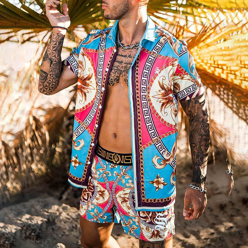 Männer Lebhaftes Tropenprint Kurzarmhemd und Passende Badehose Set Drune