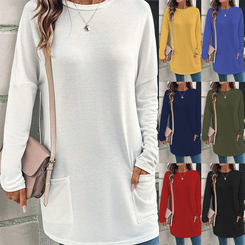 Weit geschnittene lange Tunika für Damen mit rundem Ausschnitt, seitlichen Taschen und weichem Jersey Drune