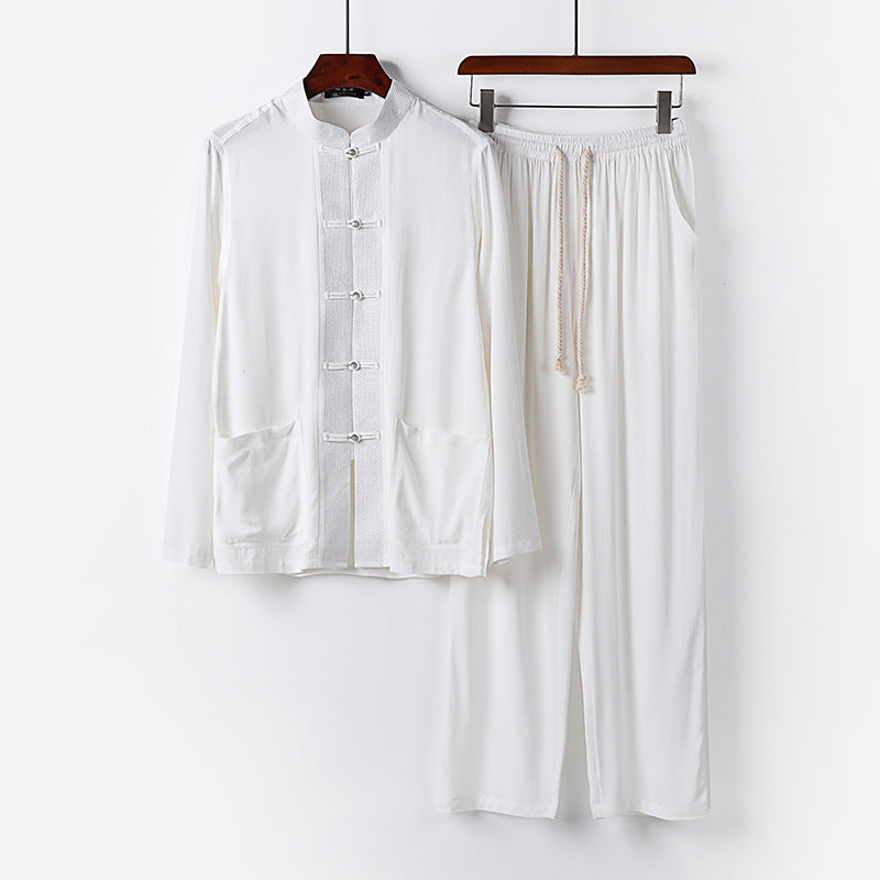 Herren Traditionelles Baumwoll-Loungewear-Set mit Stehkragen Knotenknöpfen und Kordelbundhose Drune