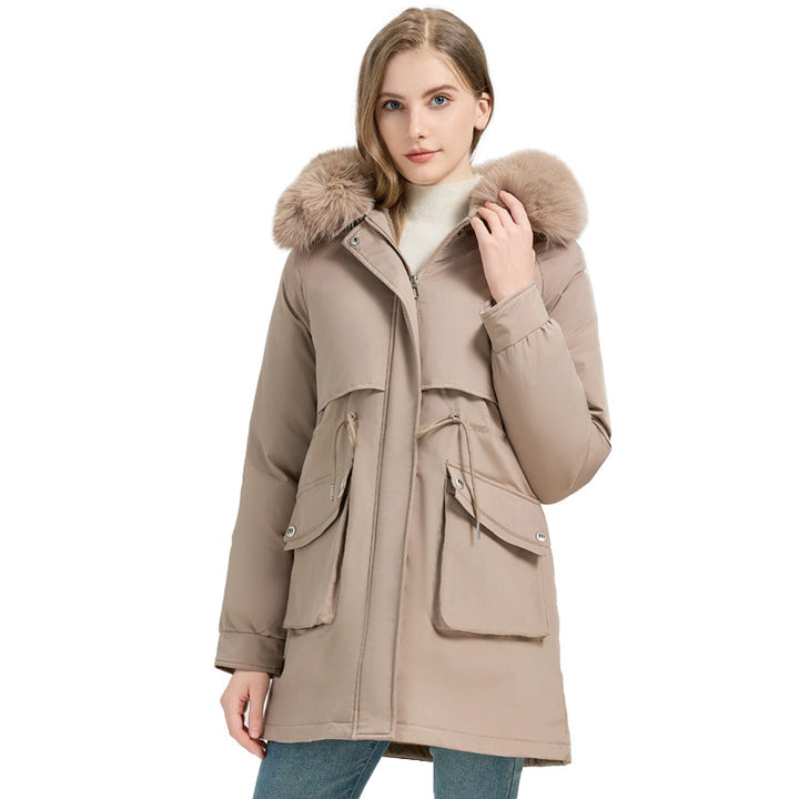 Damen Midilanger Thermoparka mit Teddy-Innenfutter, abnehmbarem Kunstpelzkragen und Taillenregulierung Drune