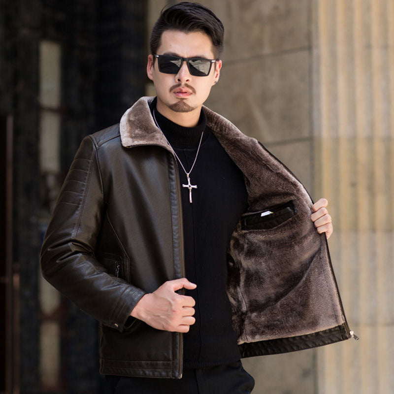 Herren Lederimitat-Übergangsjacke mit durchgehendem Teddyfutter und umlegbarem Kragen Drune