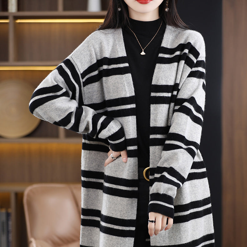Damen Oversize-Longcardigan aus weichem Wollmix mit kontrastierenden Blockstreifen Drune