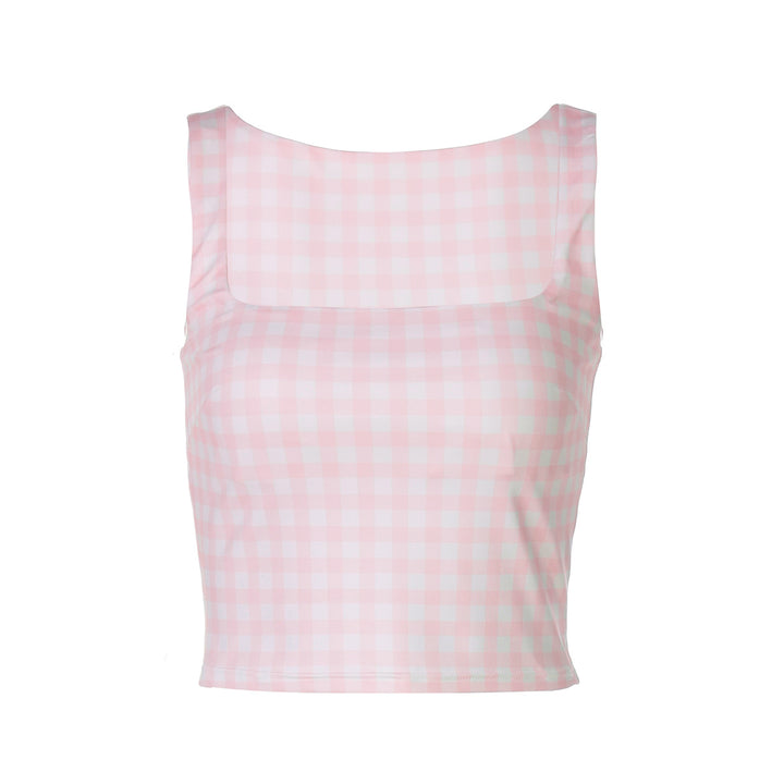 Damen Crop-Top mit quadratischem Ausschnitt und Karomuster Drune