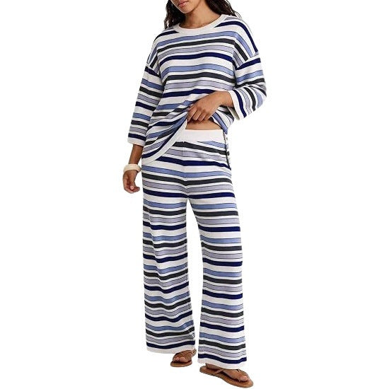 Damen Gestreiftes Lounge-Set aus leichtem Strick mit weitem Bein und 3/4-Ärmeln Drune