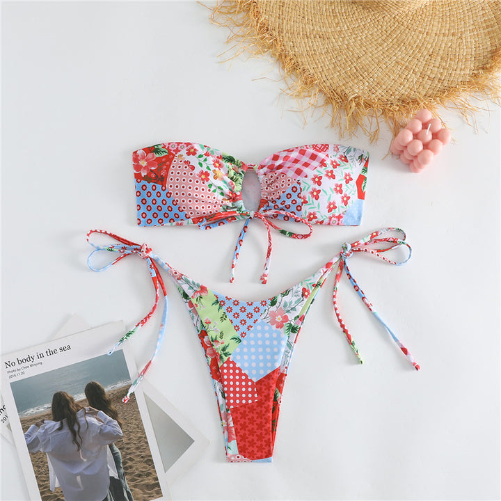 Damen Bikini-Set mit trendigem Patchwork-Muster und verspielten Krawatten Drune