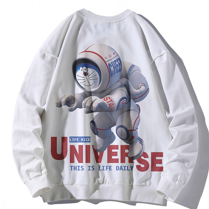 Unisex Oversize Pullover mit Cartoon-Astronauten-Frontprint, Rundhalsausschnitt und Rippbündchen Drune
