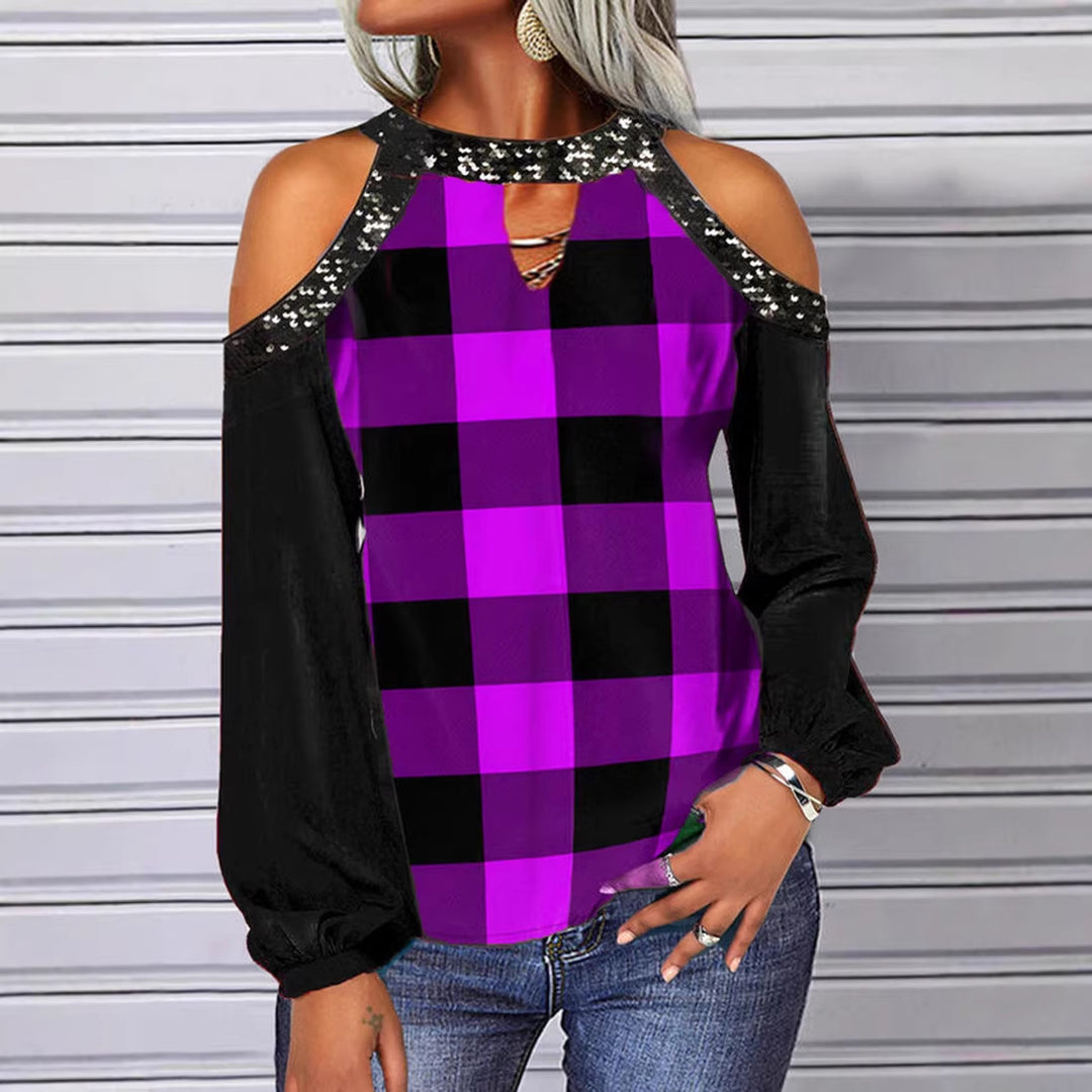 Damen Off-Shoulder kariertes Bluse mit Paillettenbesatz und langen Ballonärmeln Drune
