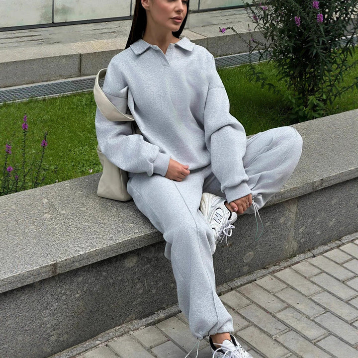 Damen Relaxed Polo-Sweatshirt mit V‑Notch und geraffter Tunnelzug-Jogginghose Drune