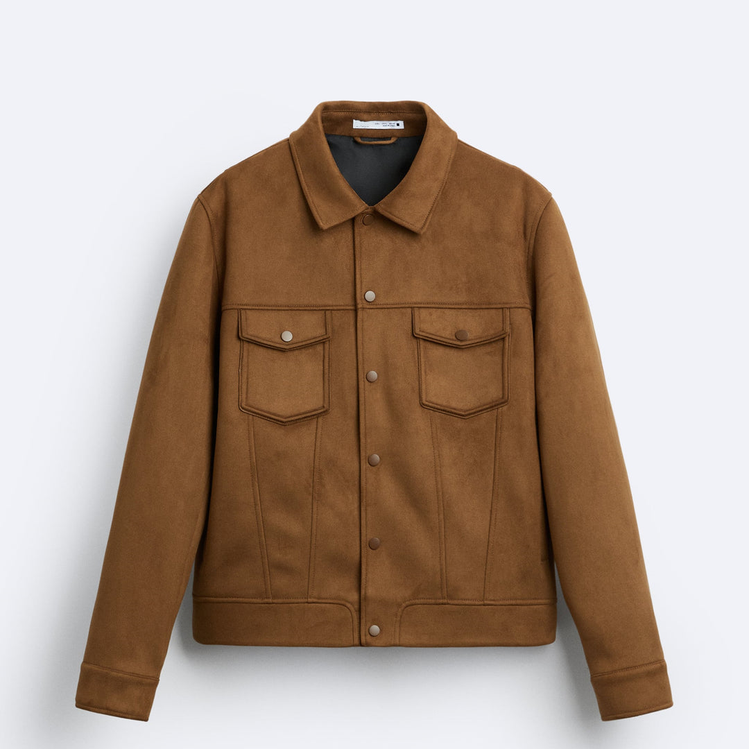 Herren Kurz geschnittene Wildleder-Workerjacke mit Pattentaschen und Druckknopfverschluss Drune