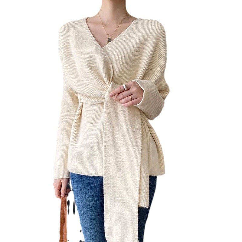 Damen modische Bluse mit Wickeldesign und Binde-Gürtel Drune