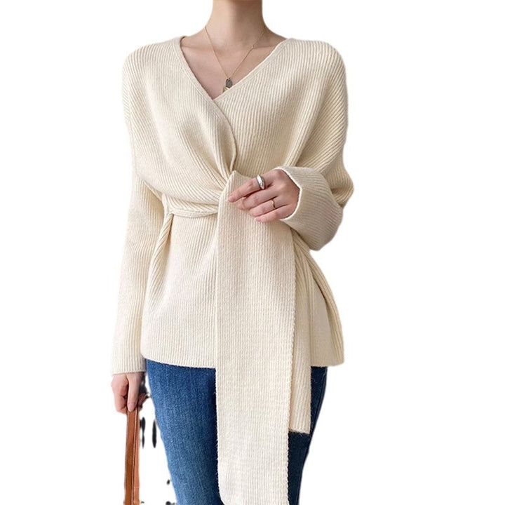 Damen modische Bluse mit Wickeldesign und Binde-Gürtel Drune