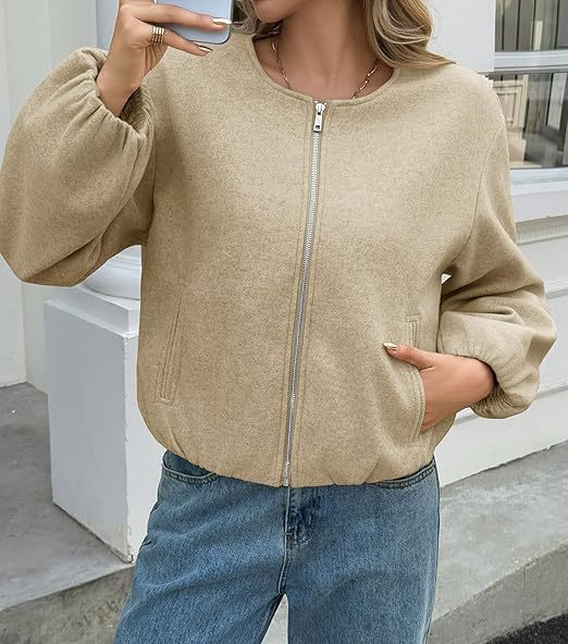 Damen Kurzjacke mit durchgehendem Reißverschluss, Ballonärmeln und elastischem Saum Drune